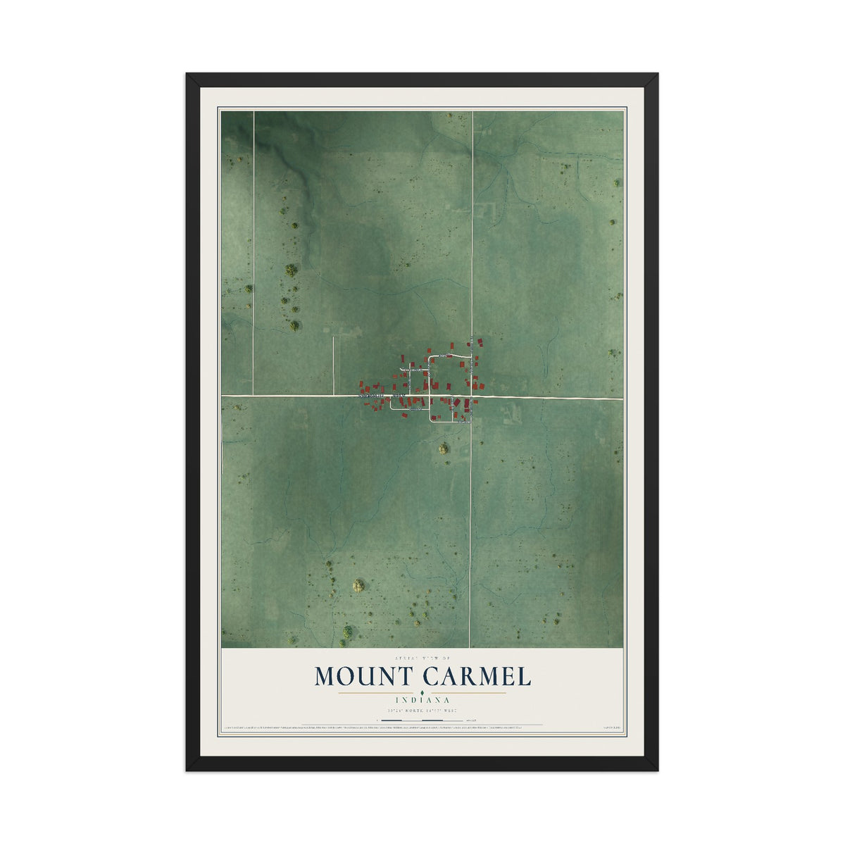 Map of Mount Carmel, Indiana, 12 x 18 inch print in a black wood frame