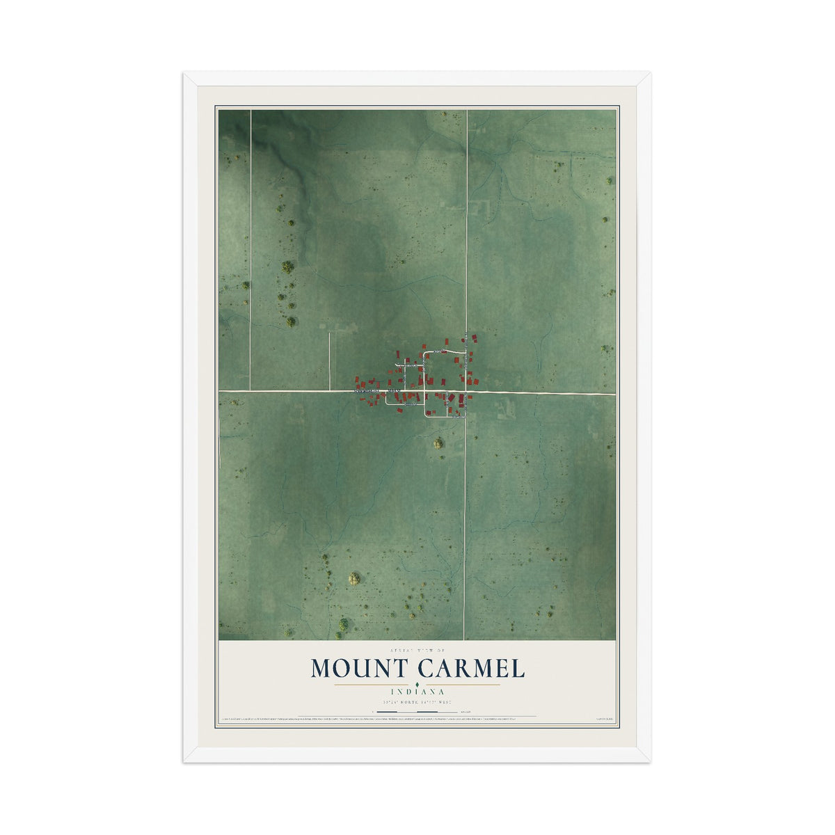 Map of Mount Carmel, Indiana, 12 x 18 inch print in a white wood frame