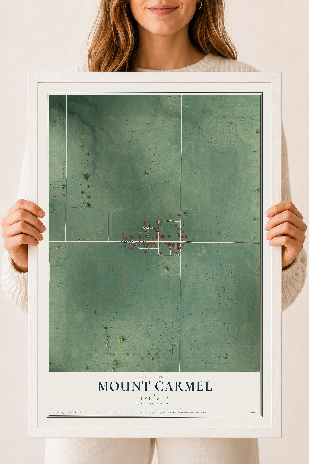 Map of Mount Carmel, Indiana, 18 x 24 inch print in a white wood frame