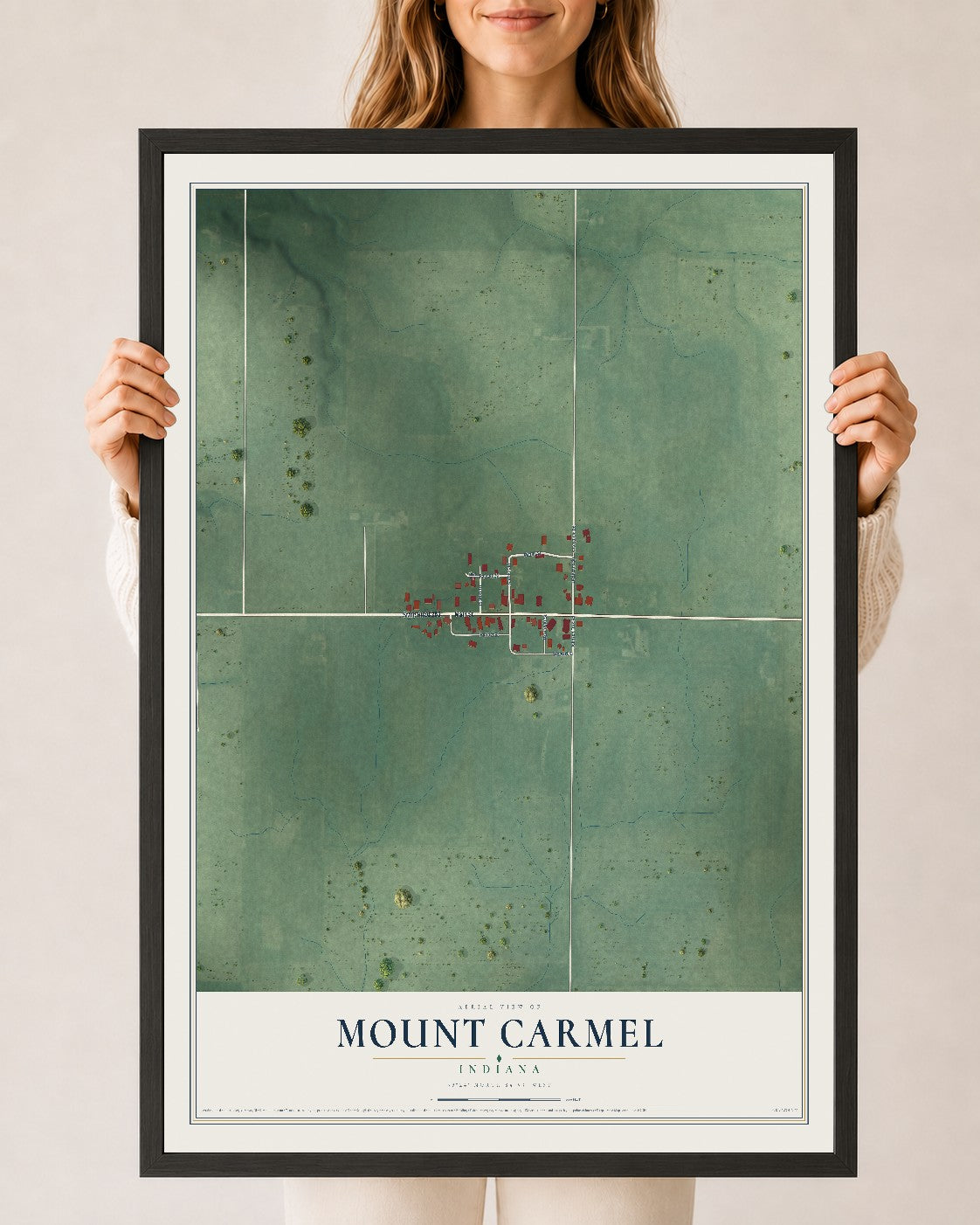 Map of Mount Carmel, Indiana, 24 x 36 inch print in a black wood frame