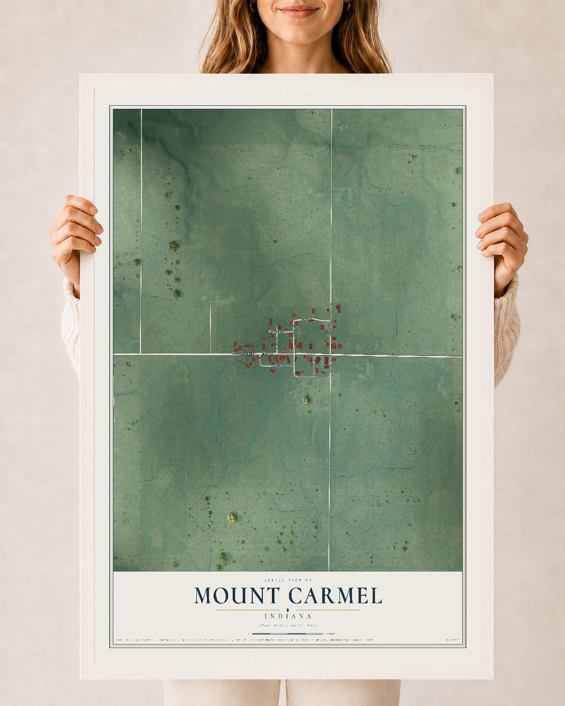 Map of Mount Carmel, Indiana, 24 x 36 inch print in a white wood frame
