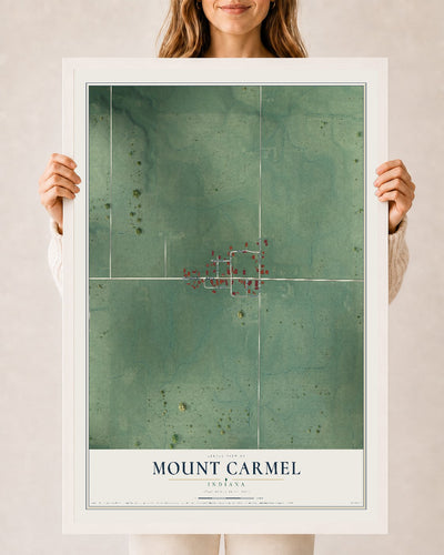 Map of Mount Carmel, Indiana, 24 x 36 inch print in a white wood frame