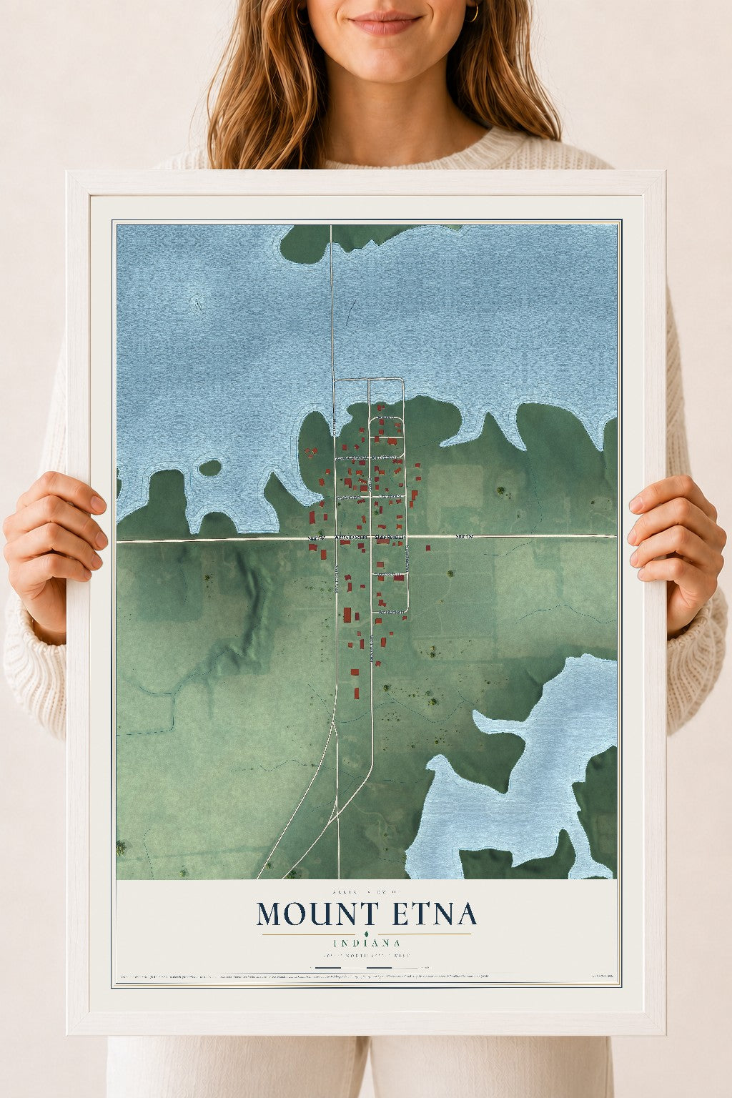Map of Mount Etna, Indiana, 18 x 24 inch print in a white wood frame