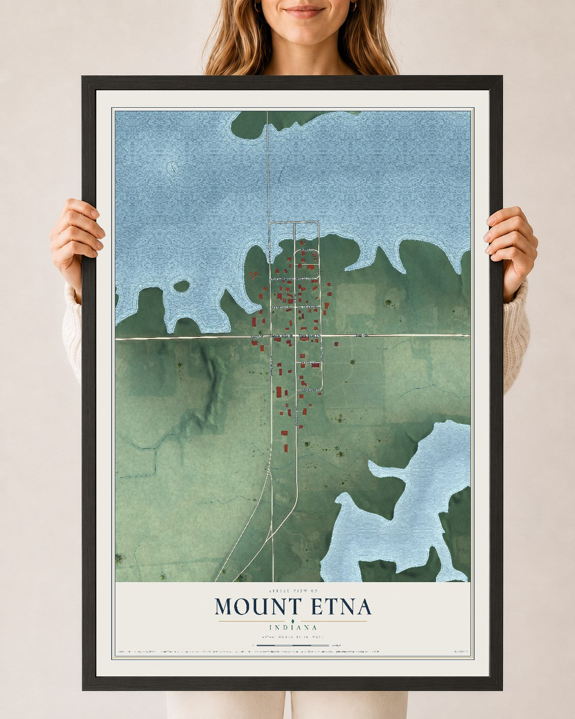 Map of Mount Etna, Indiana, 24 x 36 inch print in a black wood frame