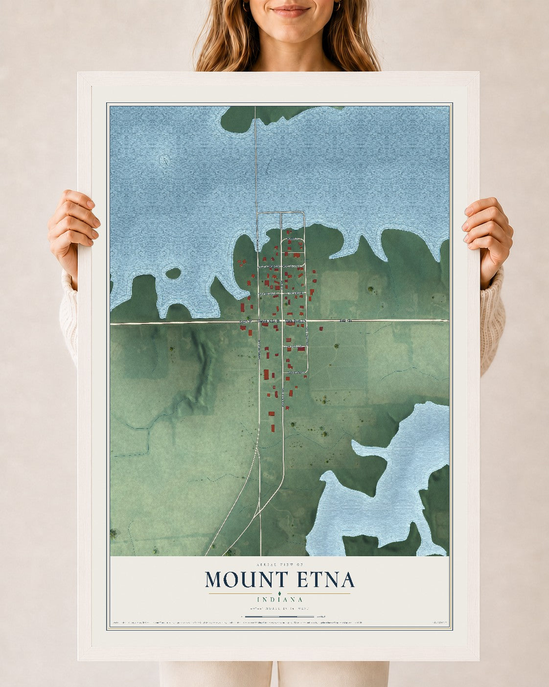 Map of Mount Etna, Indiana, 24 x 36 inch print in a white wood frame