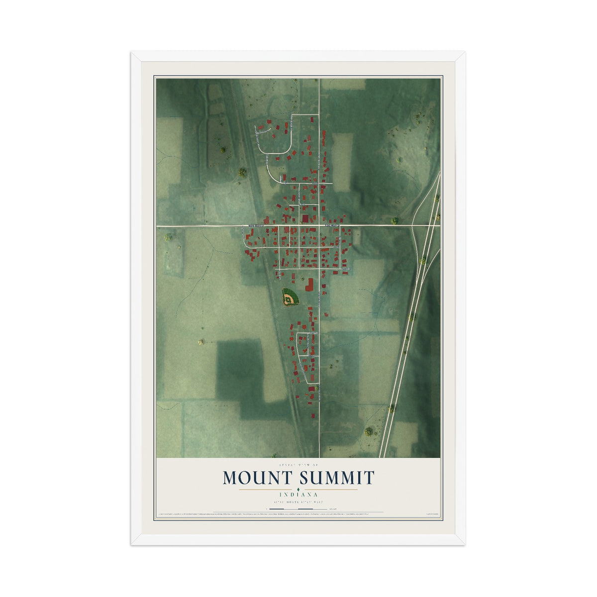 Map of Mount Summit, Indiana, 12 x 18 inch print in a white wood frame
