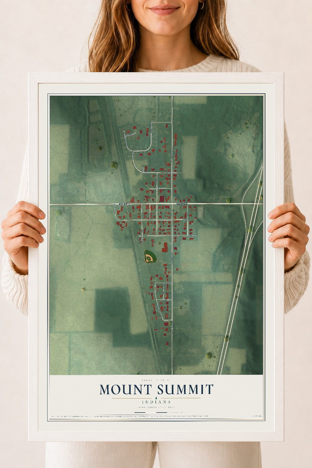 Map of Mount Summit, Indiana, 18 x 24 inch print in a white wood frame