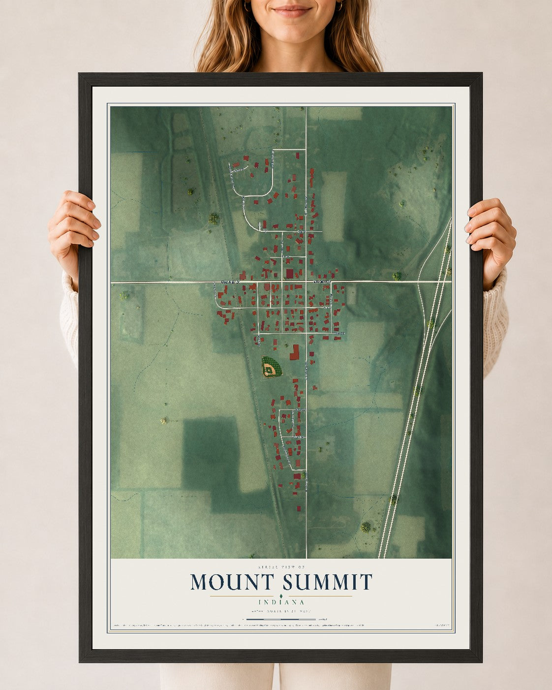 Map of Mount Summit, Indiana, 24 x 36 inch print in a black wood frame