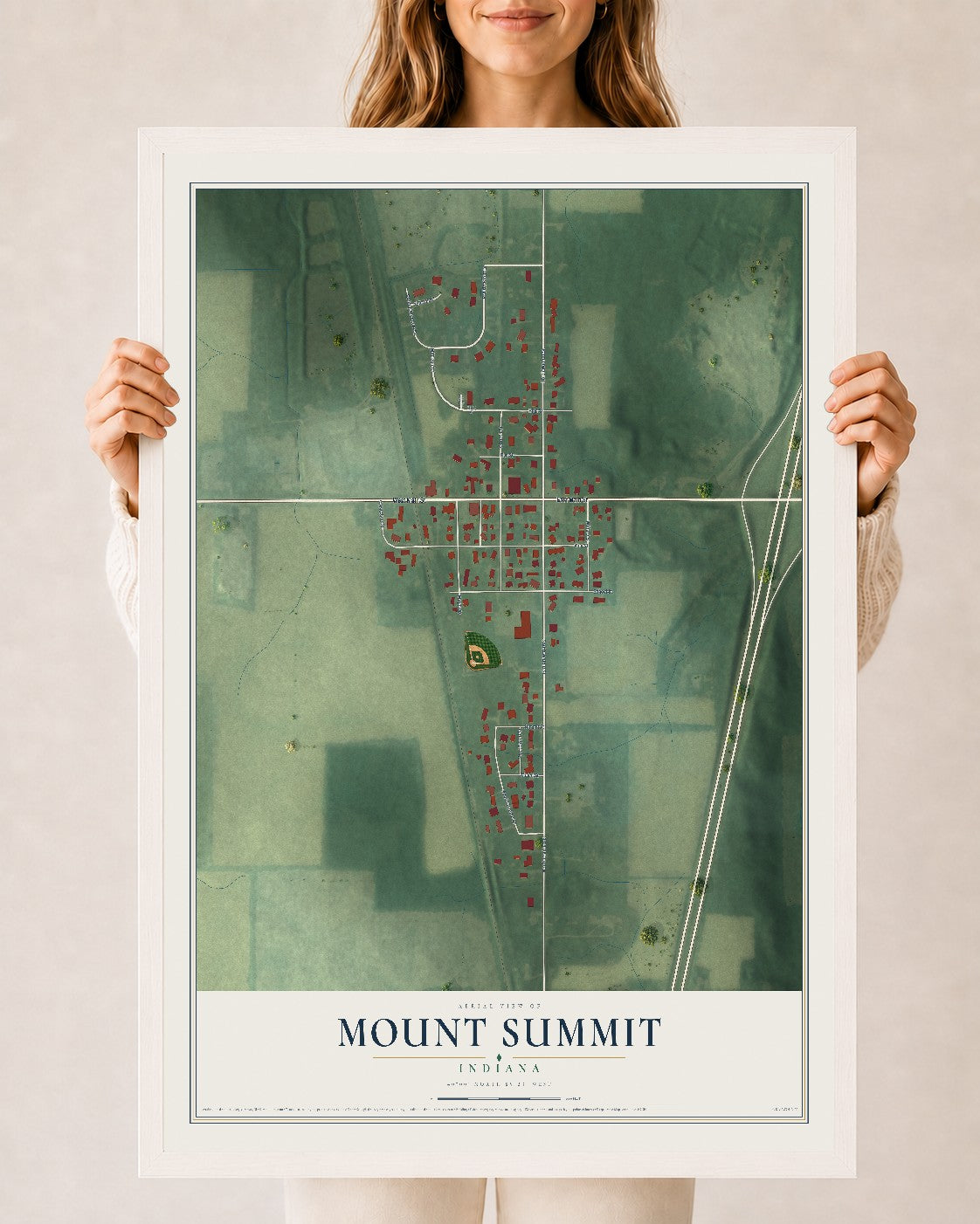 Map of Mount Summit, Indiana, 24 x 36 inch print in a white wood frame