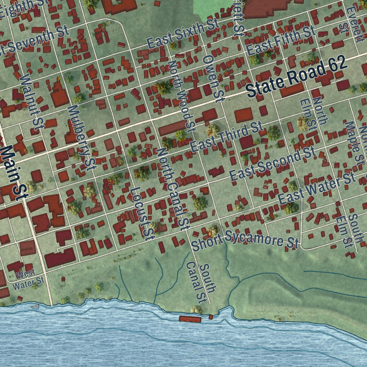 Close-up of the map of Mount Vernon, Indiana print showing street and building detail