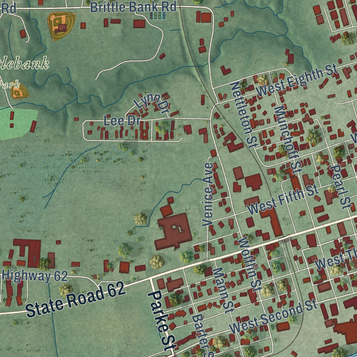 Second close-up of the map of Mount Vernon, Indiana print showing more streets and buildings