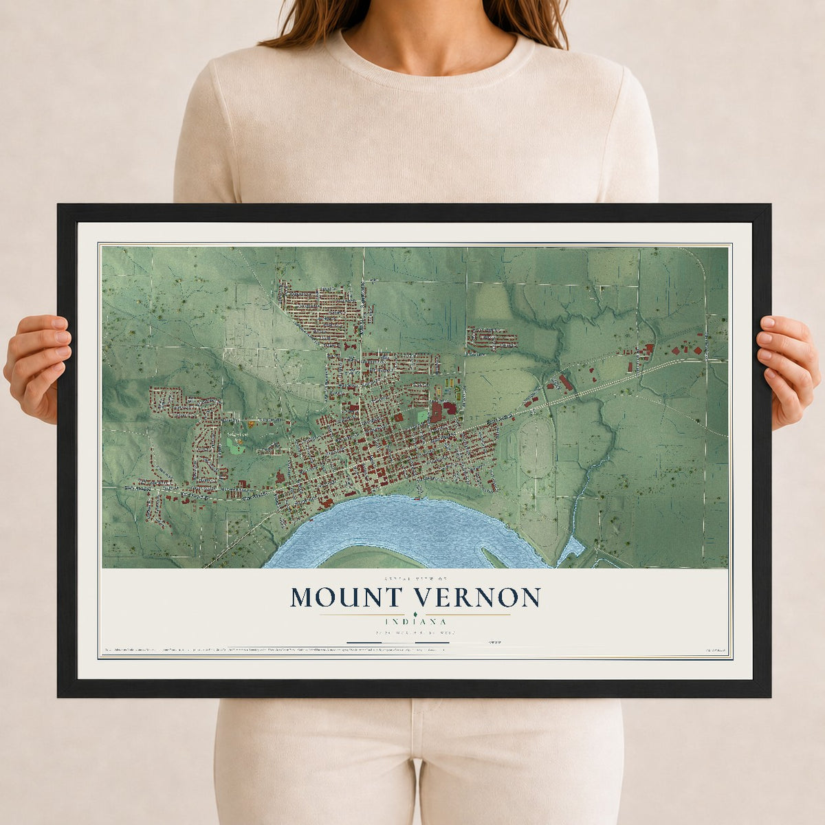 Map of Mount Vernon, Indiana, 12 x 18 inch print in a black wood frame