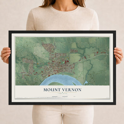 Map of Mount Vernon, Indiana, 12 x 18 inch print in a black wood frame