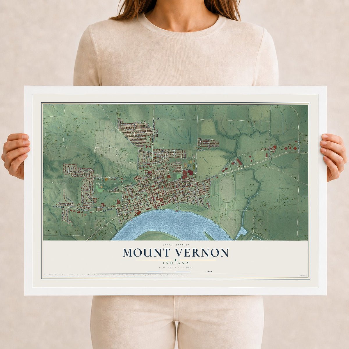 Map of Mount Vernon, Indiana, 12 x 18 inch print in a white wood frame