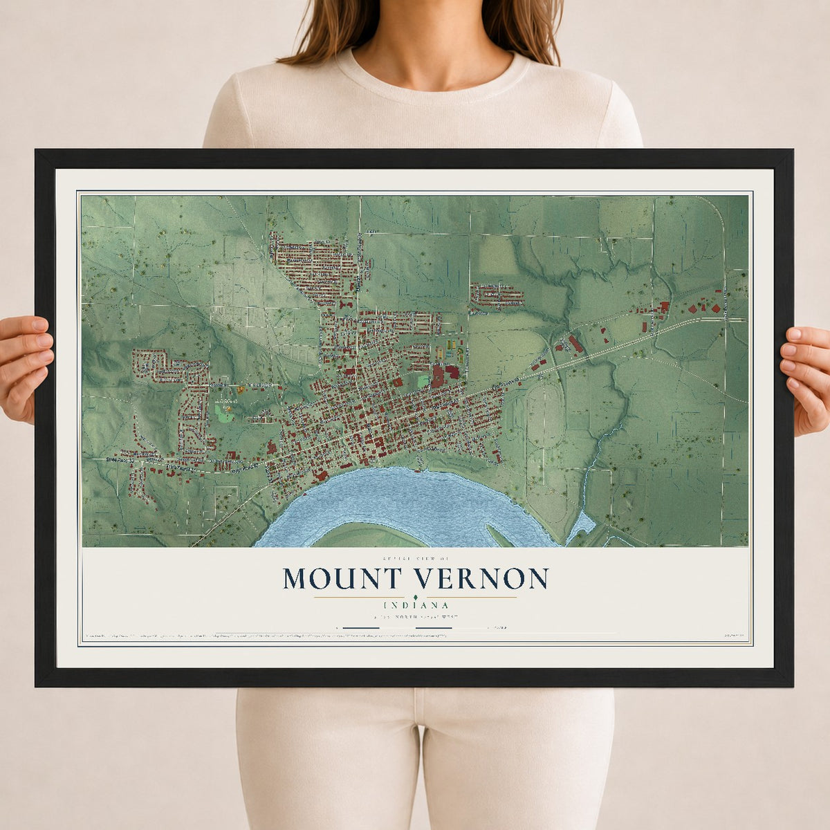 Map of Mount Vernon, Indiana, 18 x 24 inch print in a black wood frame