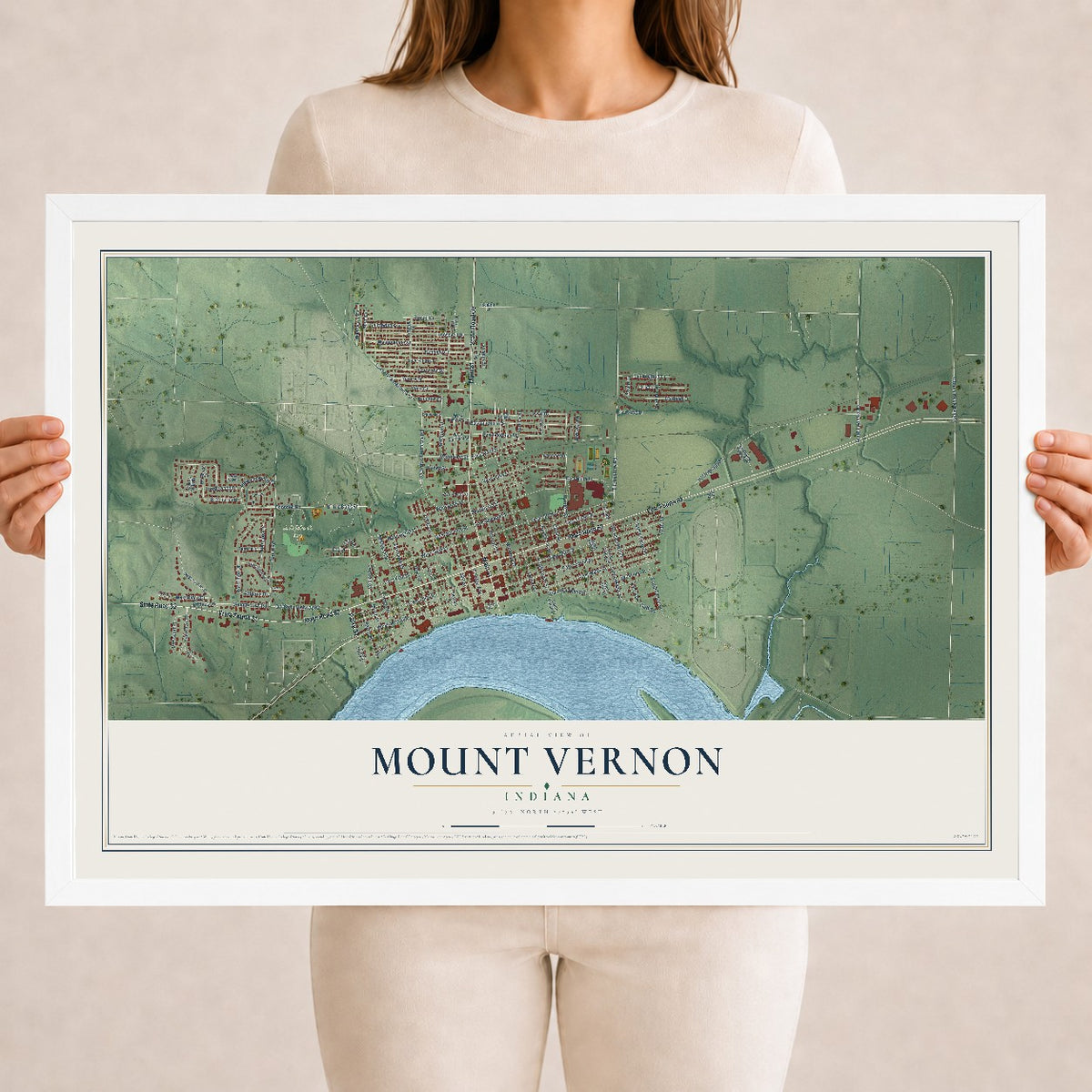 Map of Mount Vernon, Indiana, 18 x 24 inch print in a white wood frame