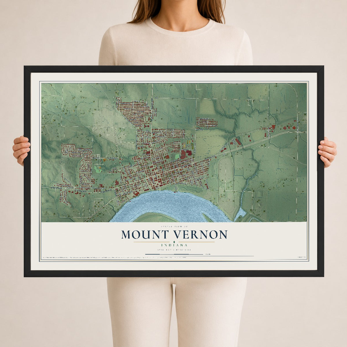 Map of Mount Vernon, Indiana, 24 x 36 inch print in a black wood frame