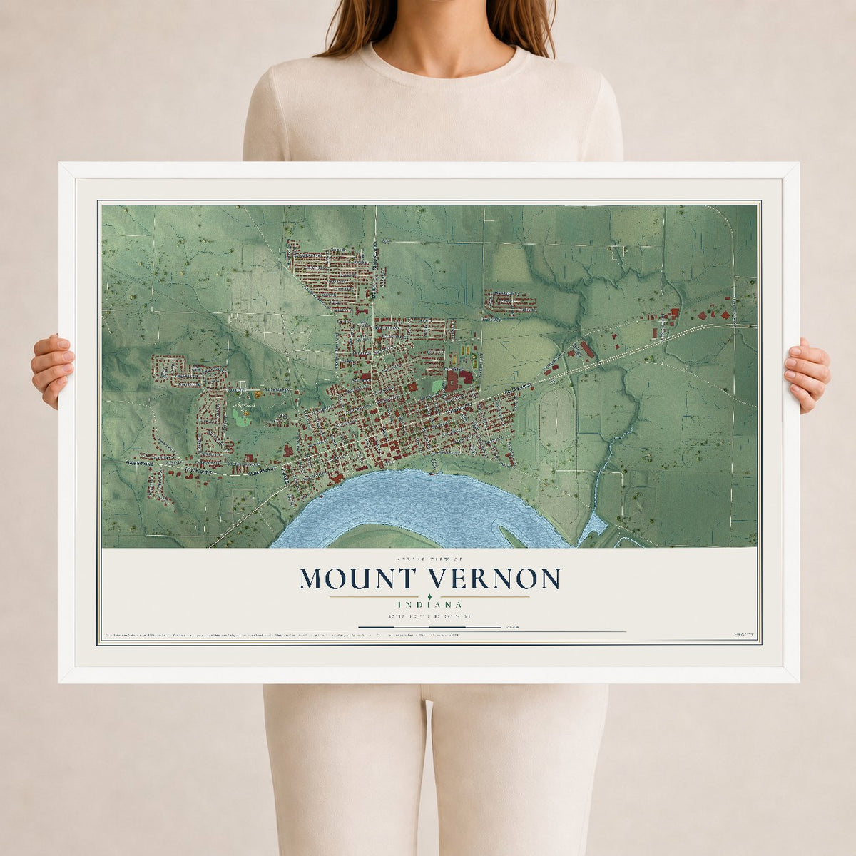Map of Mount Vernon, Indiana, 24 x 36 inch print in a white wood frame