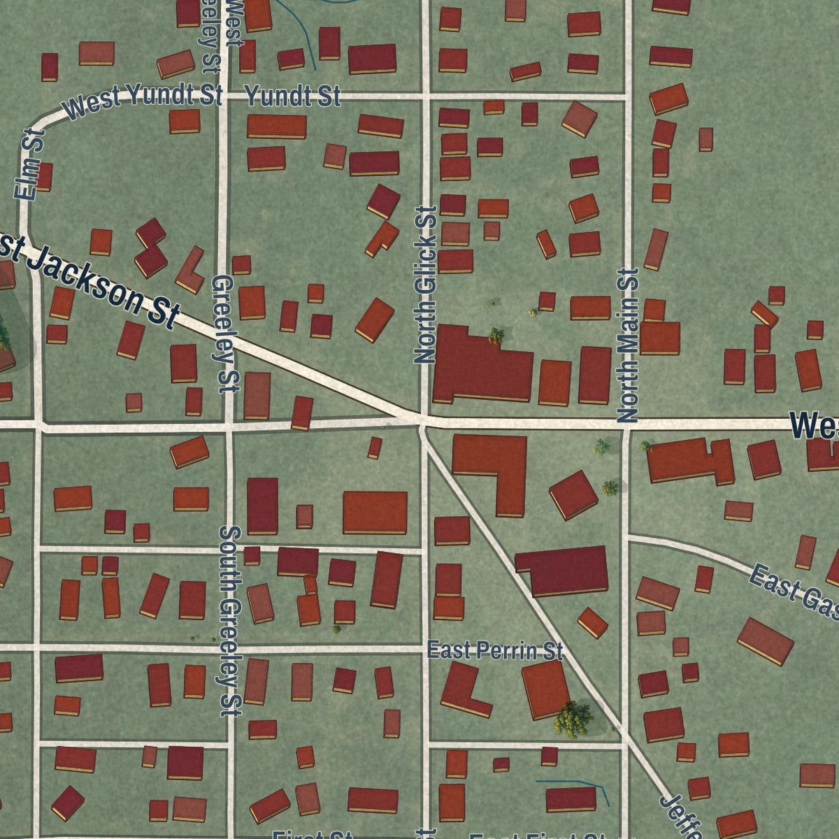 Close-up of the map of Mulberry, Indiana print showing street and building detail