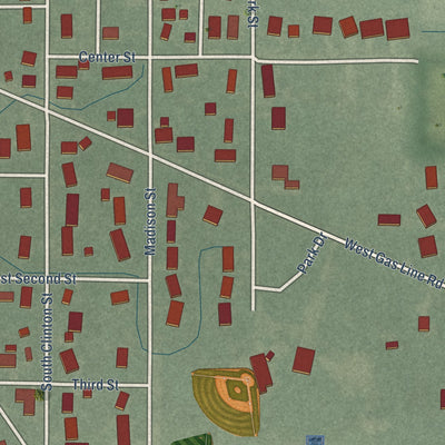 Second close-up of the map of Mulberry, Indiana print showing more streets and buildings