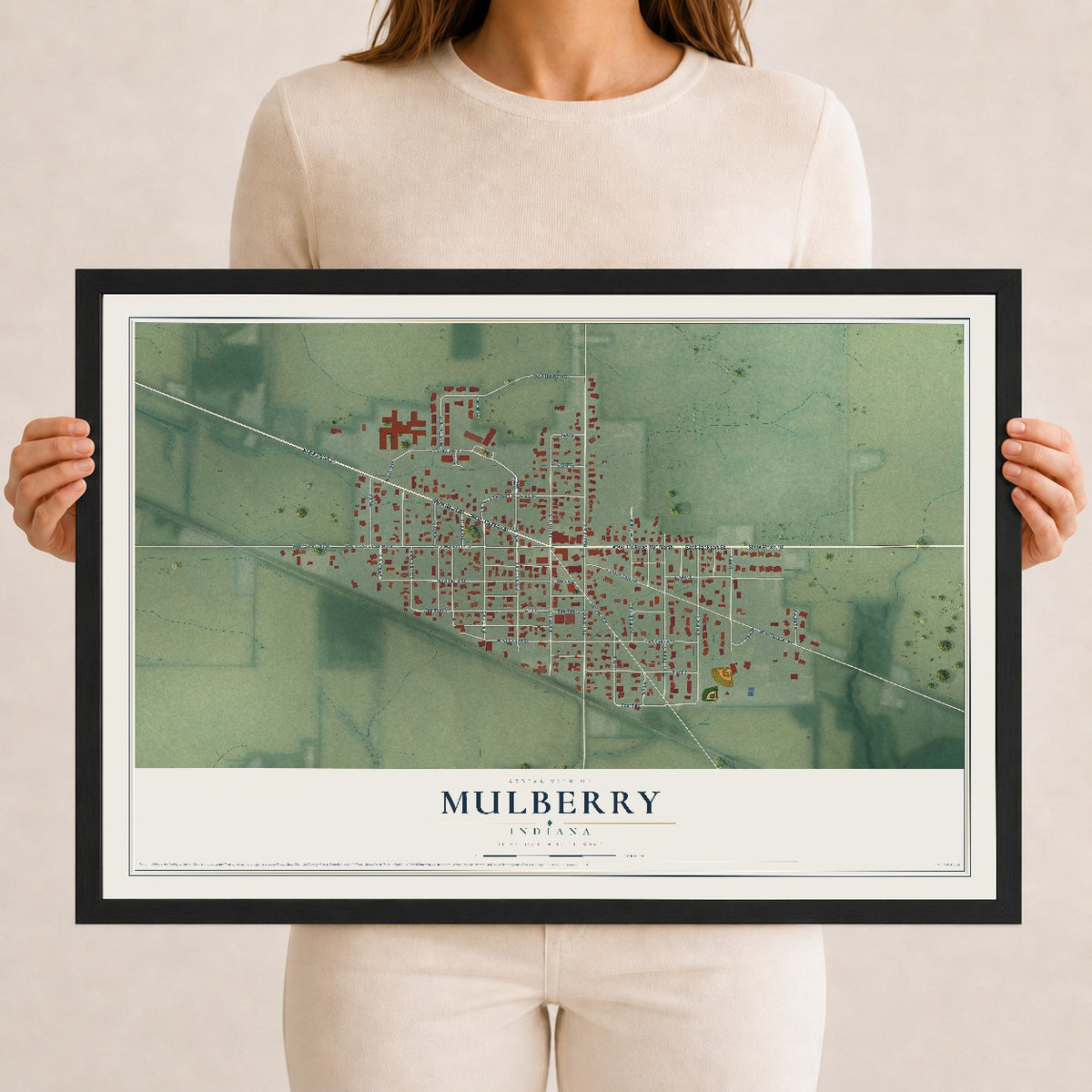 Map of Mulberry, Indiana, 12 x 18 inch print in a black wood frame