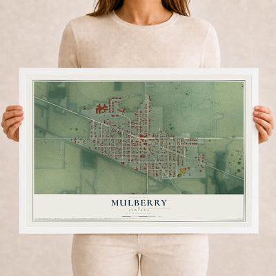 Map of Mulberry, Indiana, 12 x 18 inch print in a white wood frame