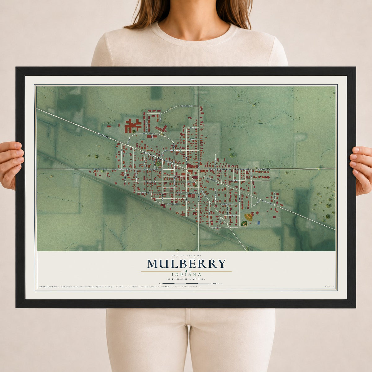 Map of Mulberry, Indiana, 18 x 24 inch print in a black wood frame