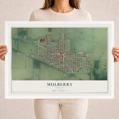 Map of Mulberry, Indiana, 18 x 24 inch print in a white wood frame