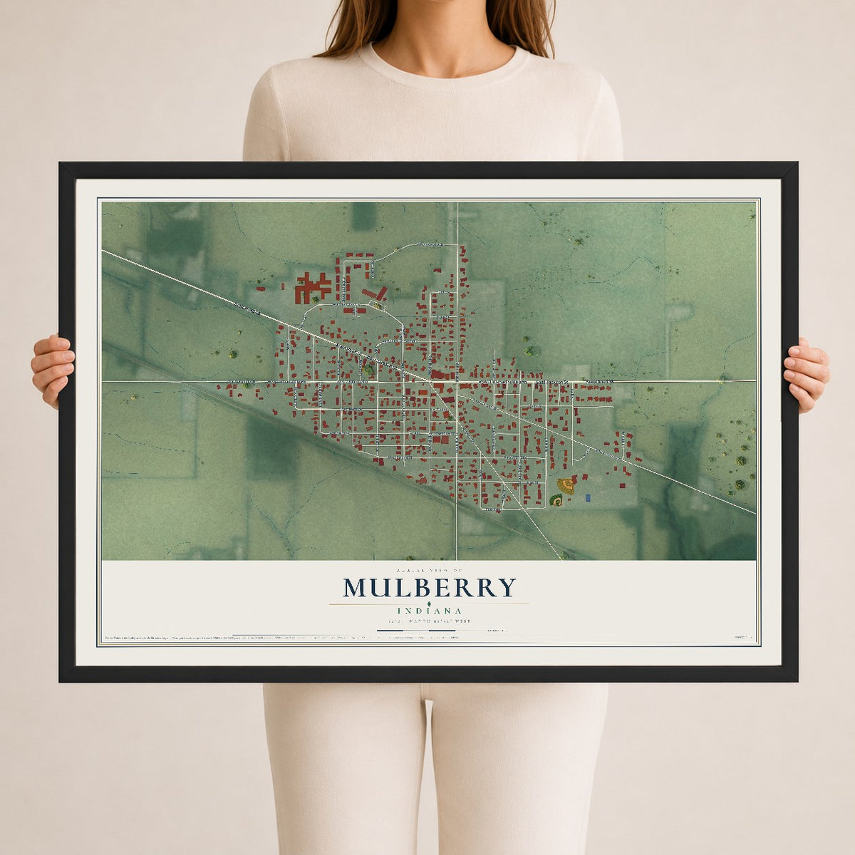 Map of Mulberry, Indiana, 24 x 36 inch print in a black wood frame
