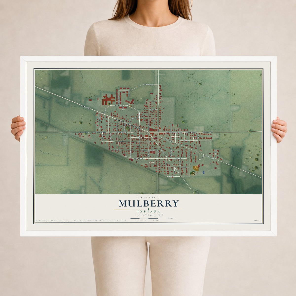 Map of Mulberry, Indiana, 24 x 36 inch print in a white wood frame