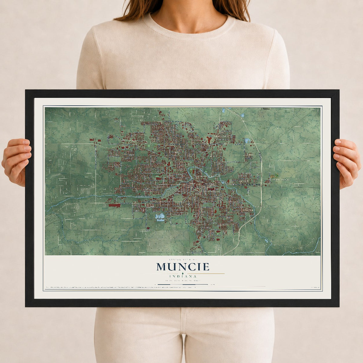 Map of Muncie, Indiana, 12 x 18 inch print in a black wood frame