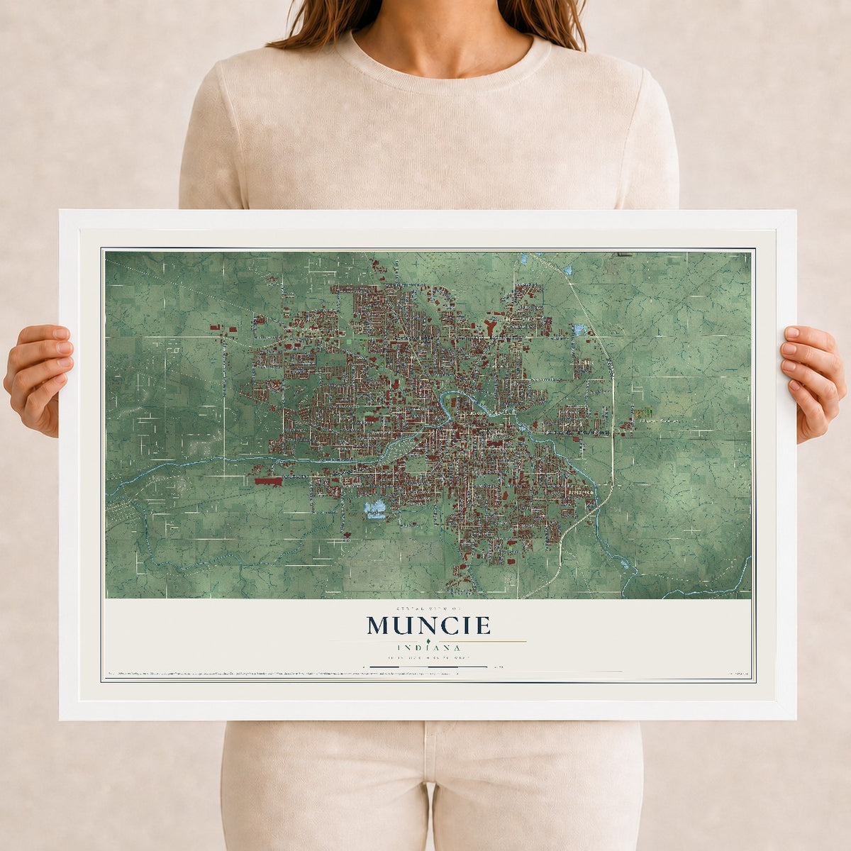 Map of Muncie, Indiana, 12 x 18 inch print in a white wood frame