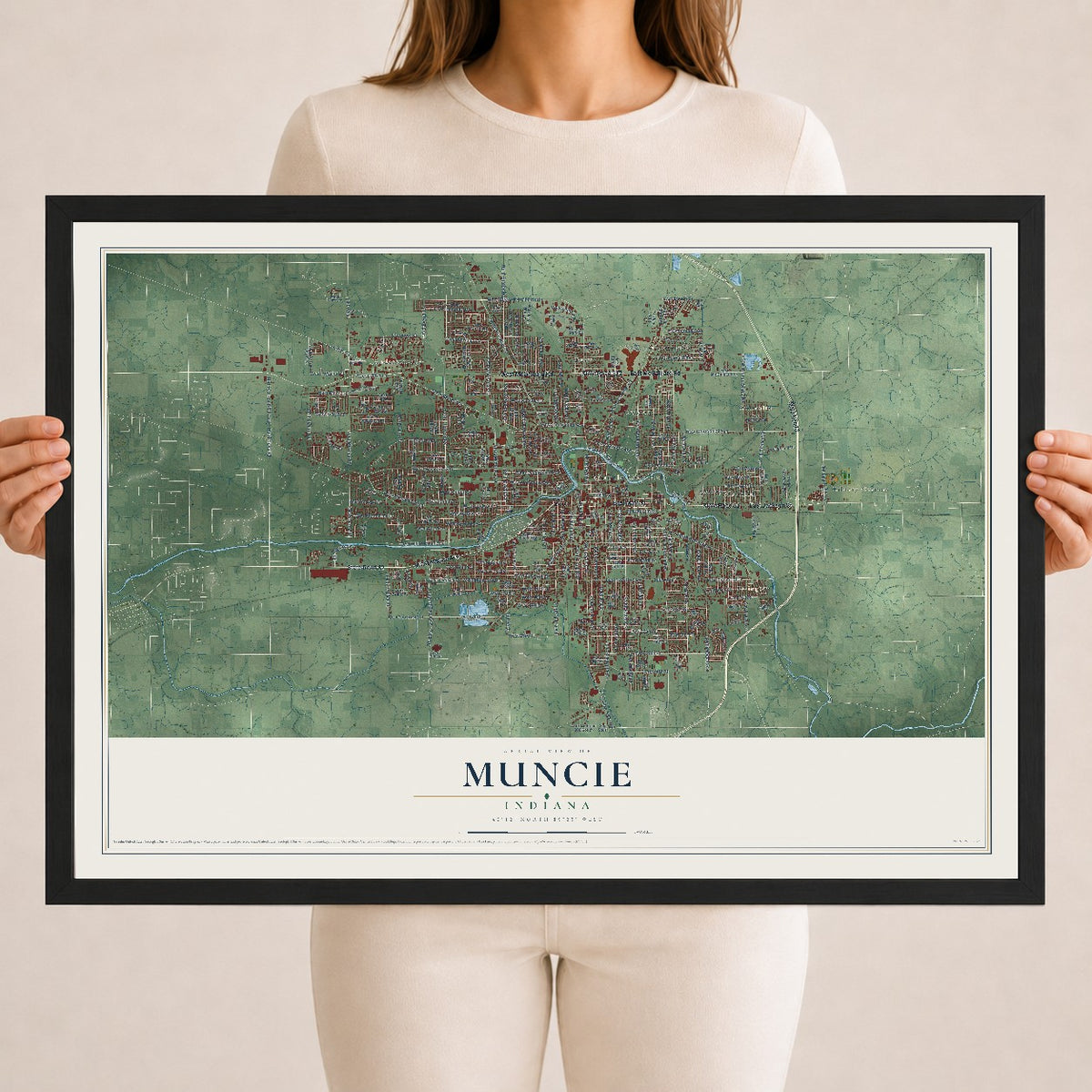 Map of Muncie, Indiana, 18 x 24 inch print in a black wood frame