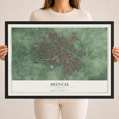 Map of Muncie, Indiana, 18 x 24 inch print in a black wood frame