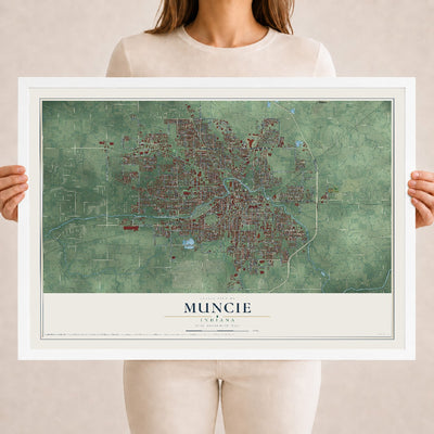 Map of Muncie, Indiana, 18 x 24 inch print in a white wood frame