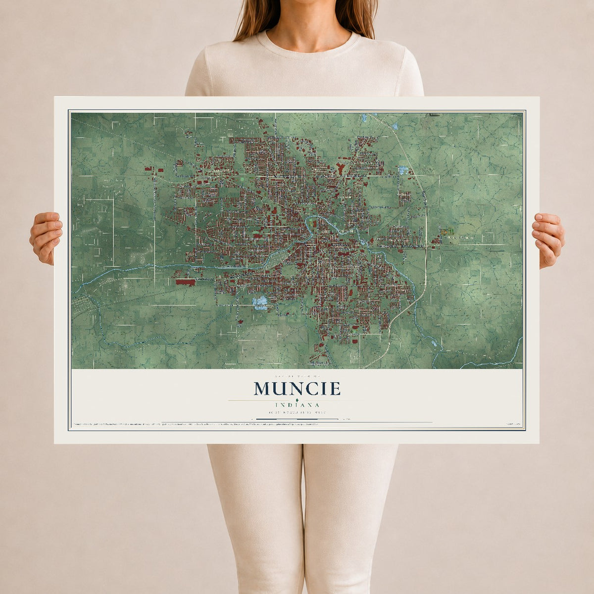 Map of Muncie, Indiana, 24 x 36 inch unframed archival matte print