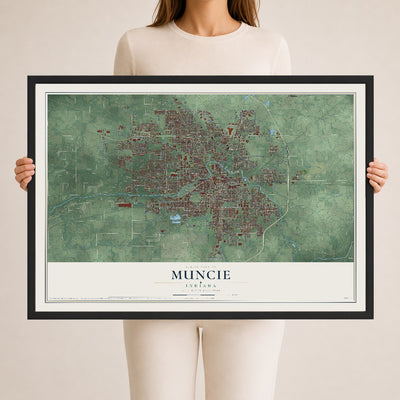 Map of Muncie, Indiana, 24 x 36 inch print in a black wood frame