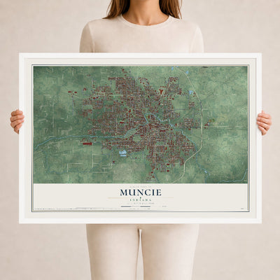 Map of Muncie, Indiana, 24 x 36 inch print in a white wood frame