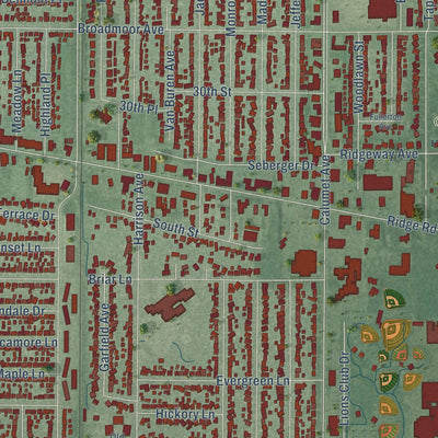 Close-up of the map of Munster, Indiana print showing street and building detail