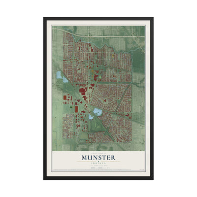 Map of Munster, Indiana, 12 x 18 inch print in a black wood frame