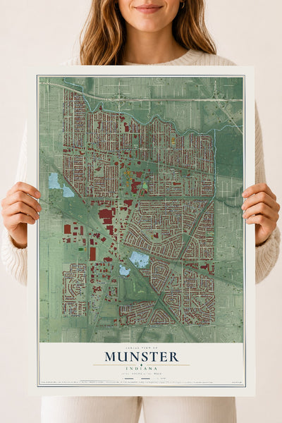 Map of Munster, Indiana, 18 x 24 inch unframed archival matte print