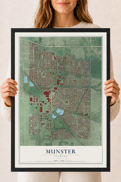 Map of Munster, Indiana, 18 x 24 inch print in a black wood frame