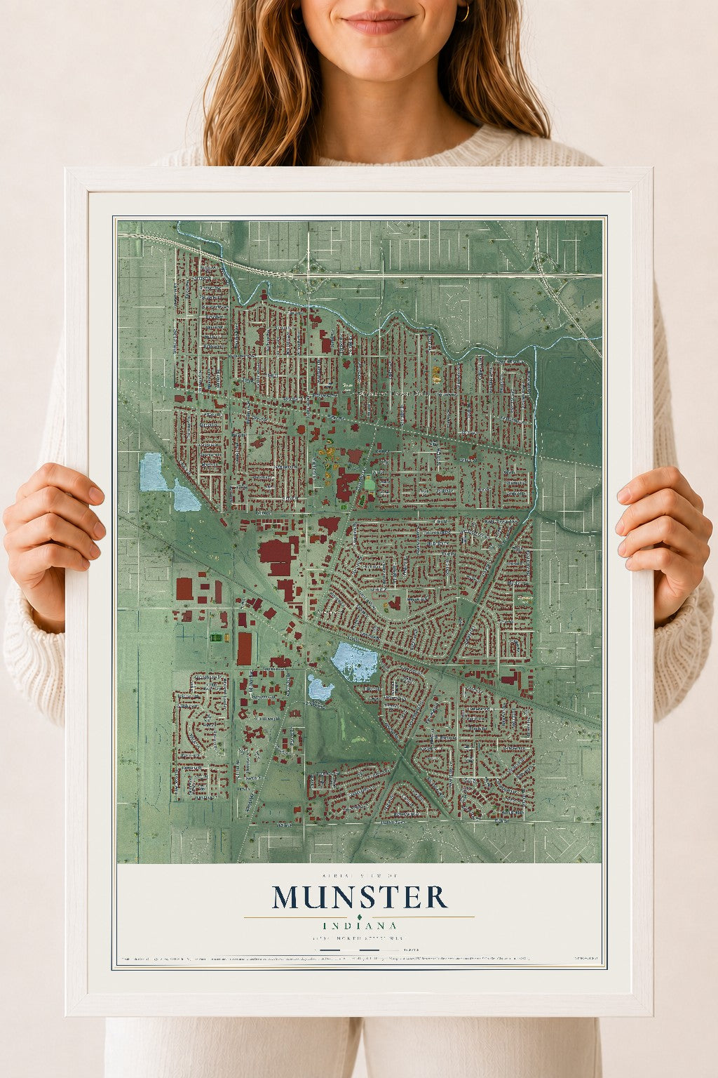 Map of Munster, Indiana, 18 x 24 inch print in a white wood frame
