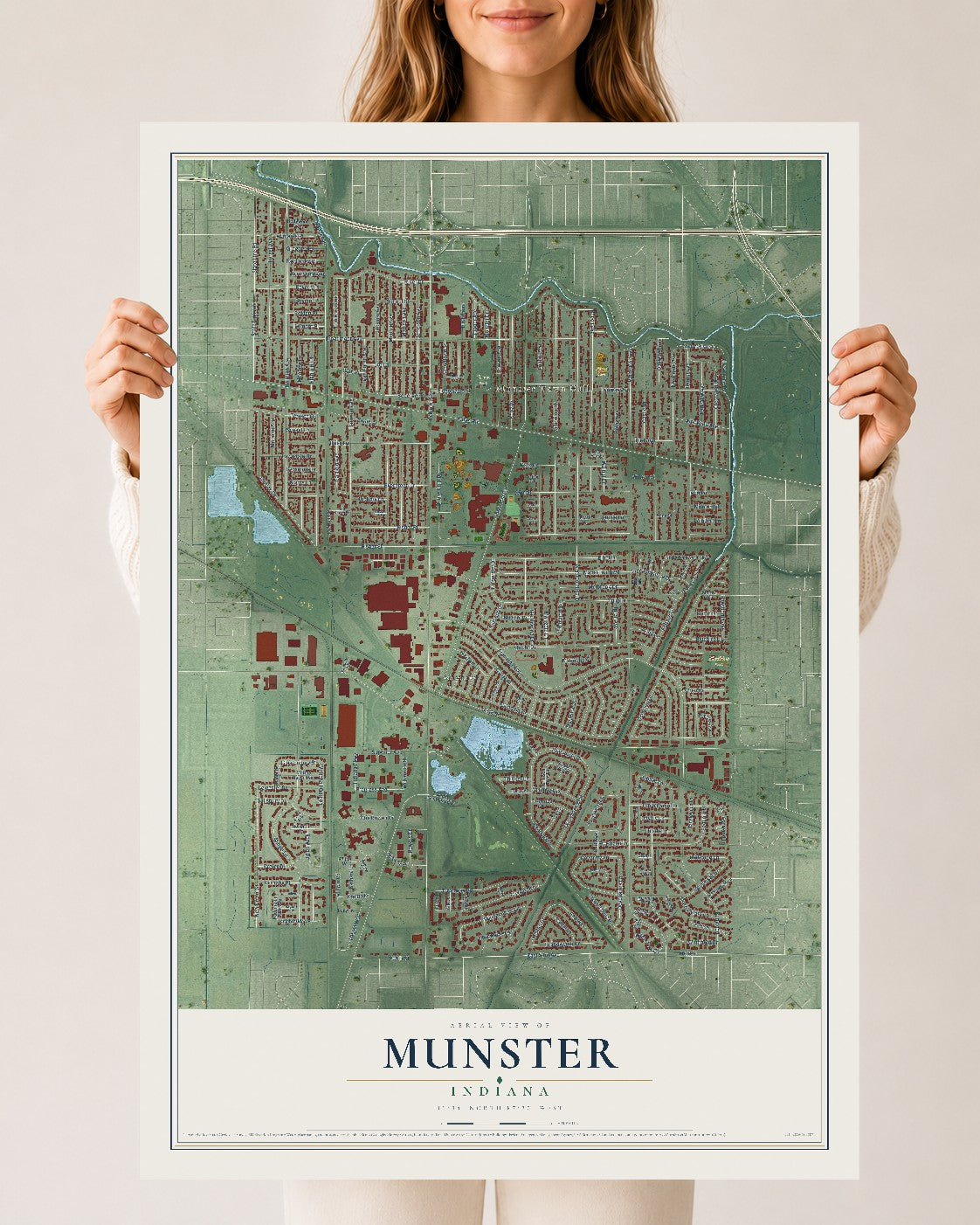Map of Munster, Indiana, 24 x 36 inch unframed archival matte print
