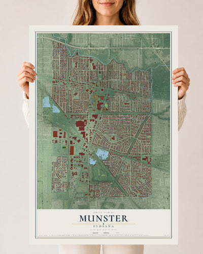 Map of Munster, Indiana, 24 x 36 inch unframed archival matte print
