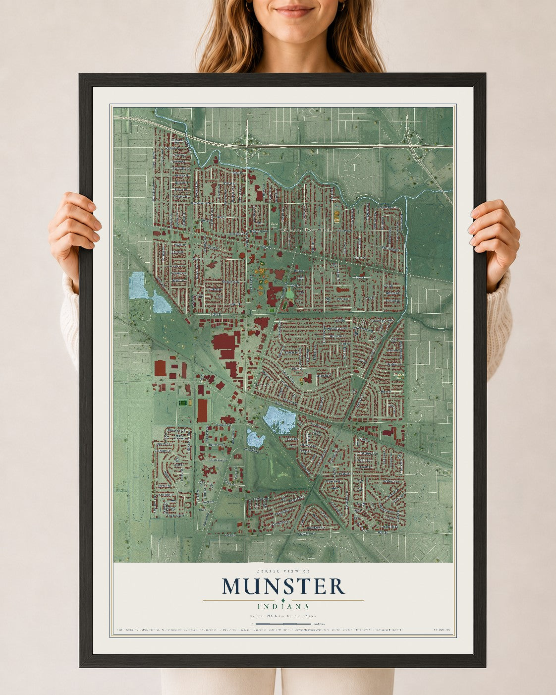 Map of Munster, Indiana, 24 x 36 inch print in a black wood frame