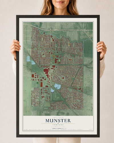 Map of Munster, Indiana, 24 x 36 inch print in a black wood frame