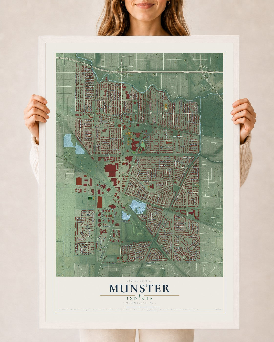 Map of Munster, Indiana, 24 x 36 inch print in a white wood frame