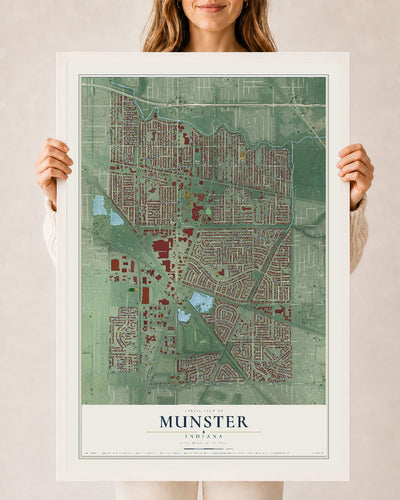 Map of Munster, Indiana, 24 x 36 inch print in a white wood frame