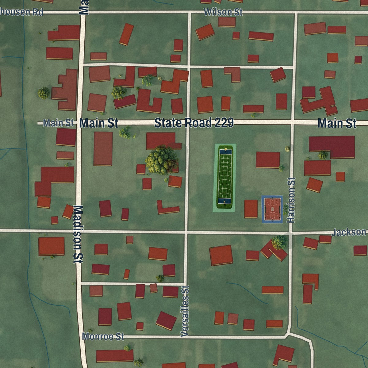 Close-up of the map of Napoleon, Indiana print showing street and building detail